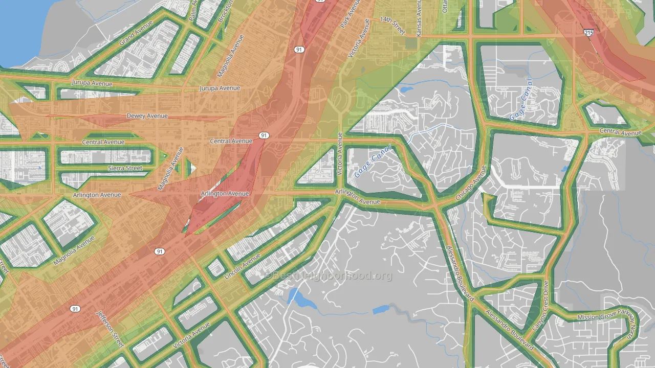 Victoria, Riverside, CA Map of Noise Levels in Victoria