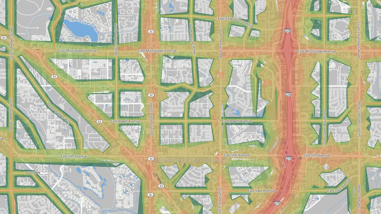 Village East, Aurora, CO Map of Noise Levels in Village East