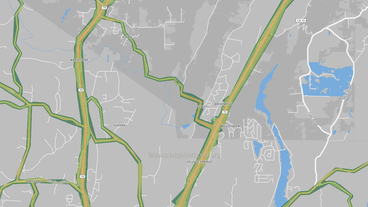 Village Springs, AL Map of Noise Levels in Village Springs