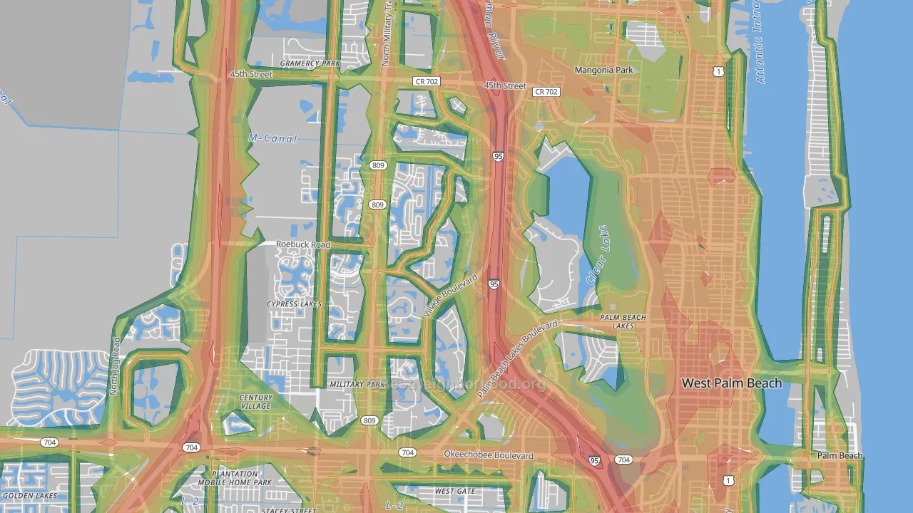 Villages of Palm Beach Lakes, West Palm Beach, FL Map of Noise Levels in Villages of Palm Beach Lakes