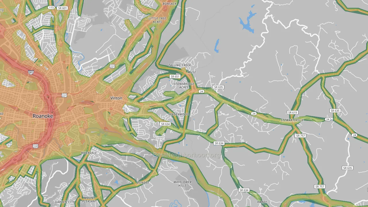 Vinton, VA Map of Noise Levels in Vinton