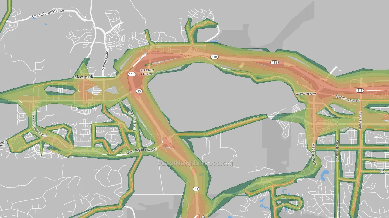 Virginia Colony, CA Map of Noise Levels in Virginia Colony