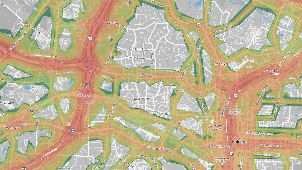 Wade, Raleigh, NC Map of Noise Levels in Wade