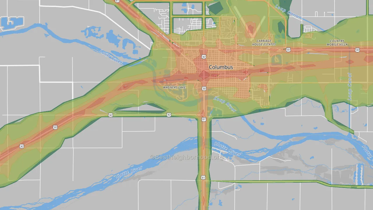 Wagners Lake, NE Map of Noise Levels in Wagners Lake