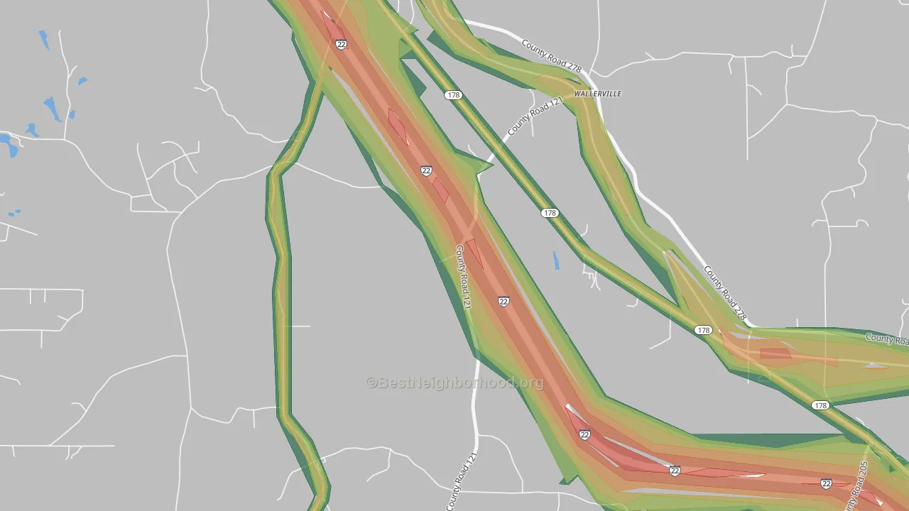Wallerville, MS Map of Noise Levels in Wallerville