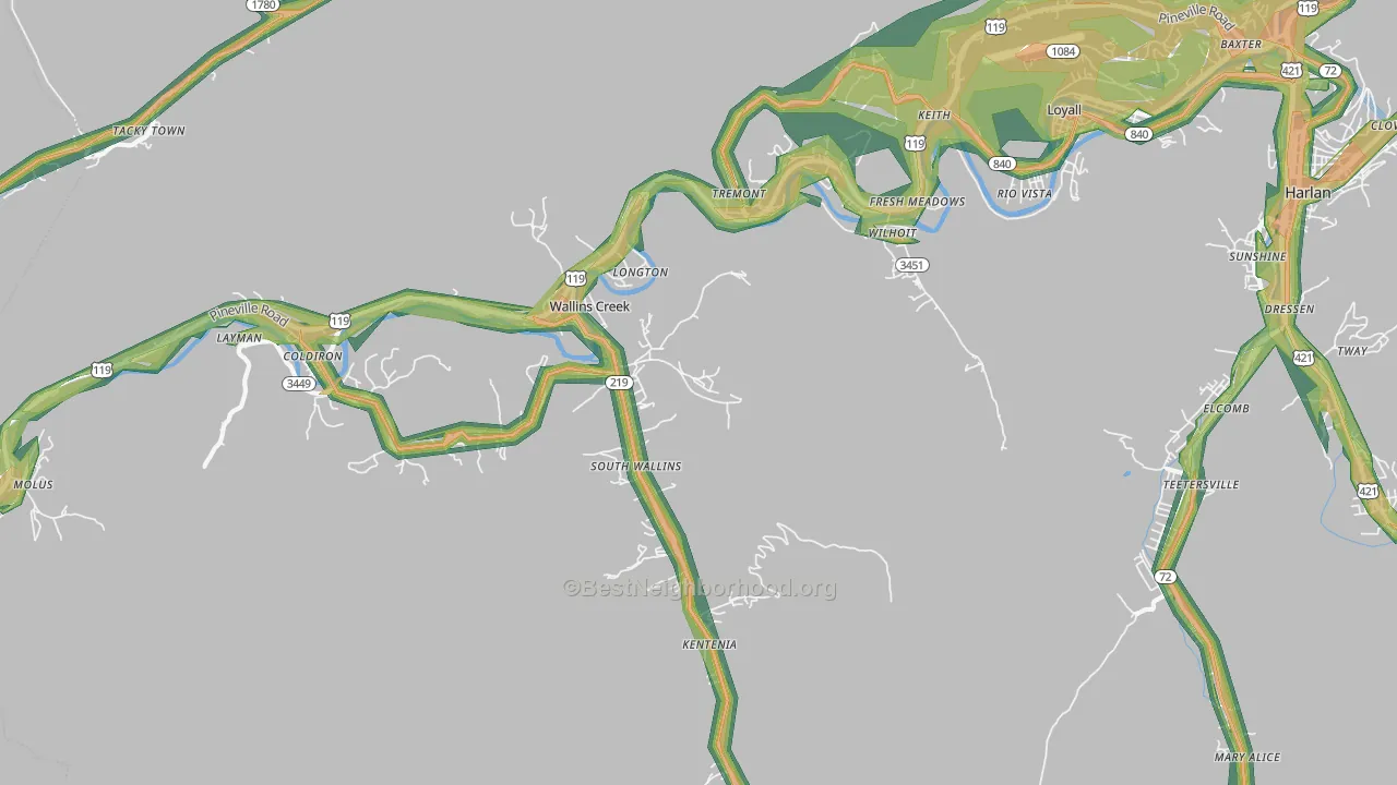 Wallins Creek, KY Map of Noise Levels in Wallins Creek