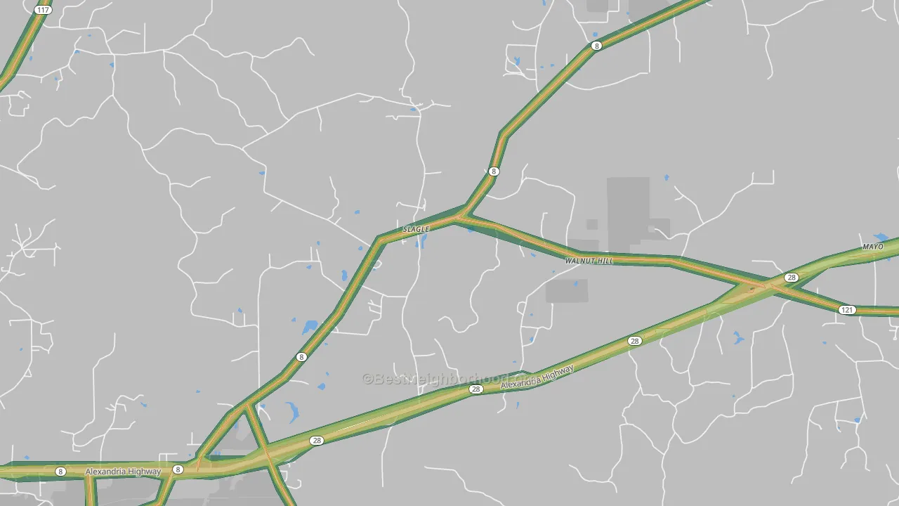 Walnut Hill, LA Map of Noise Levels in Walnut Hill