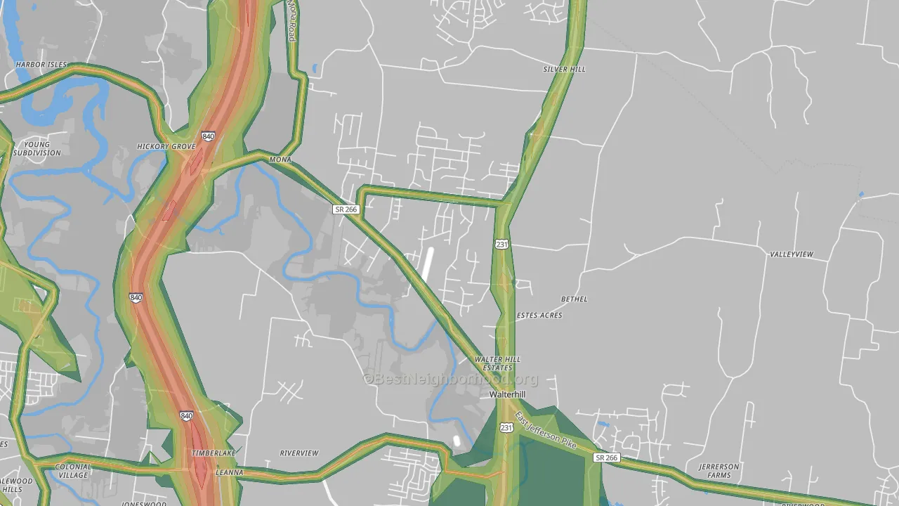 Walterhill, TN Map of Noise Levels in Walterhill