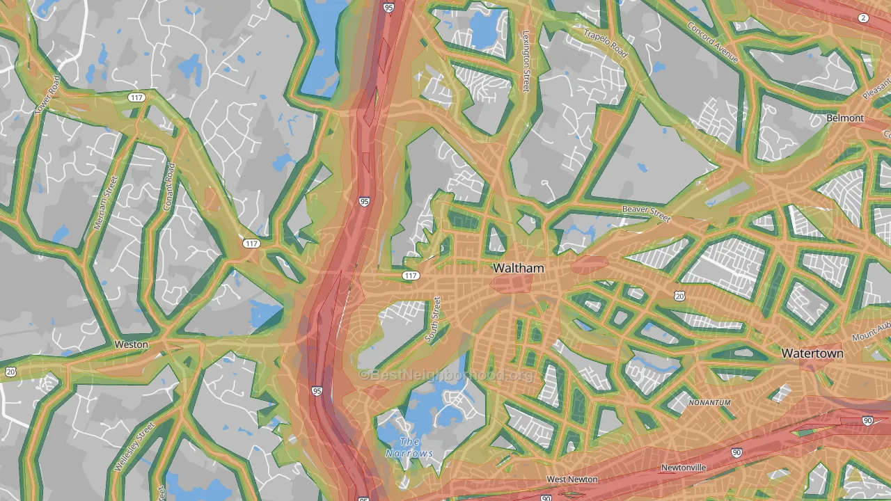 Waltham Highlands, Waltham, MA Map of Noise Levels in Waltham Highlands