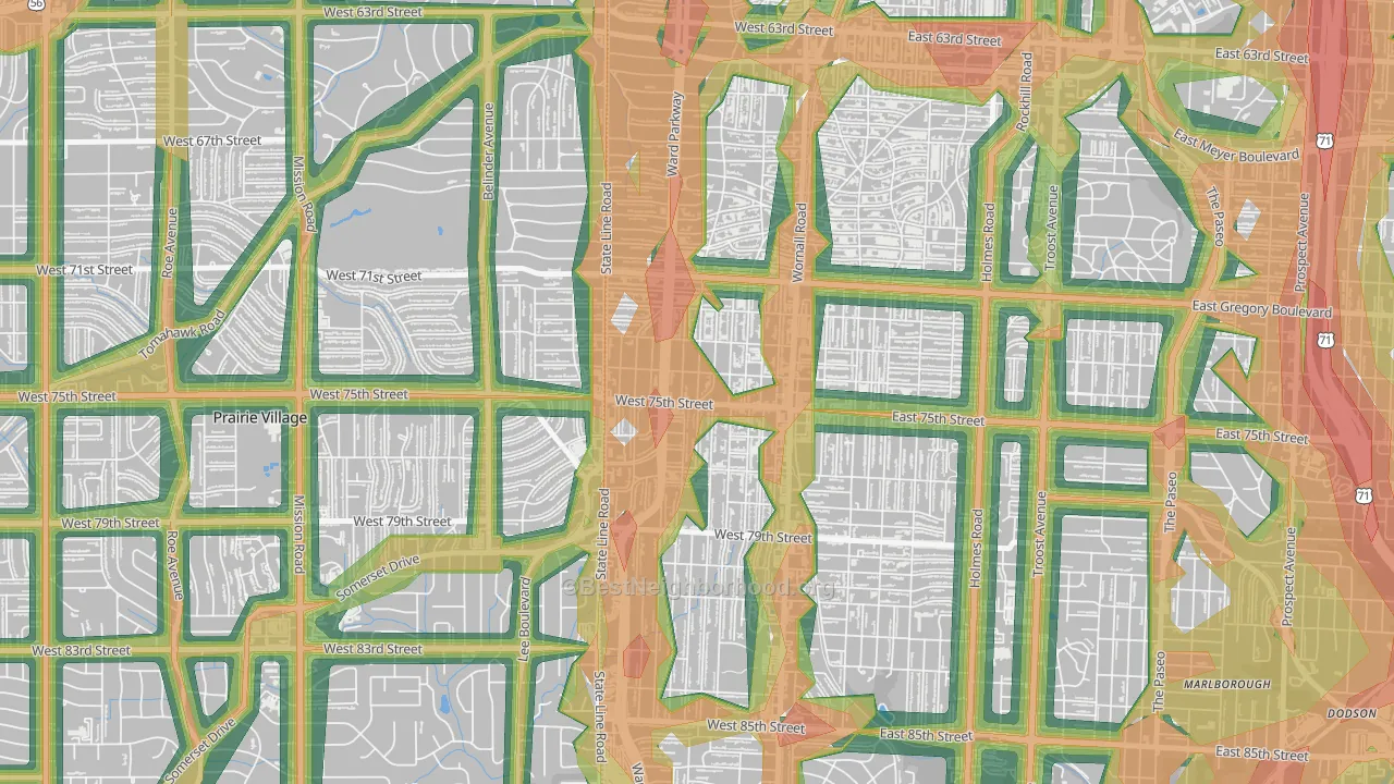 Ward Parkway, Kansas City, MO Map of Noise Levels in Ward Parkway