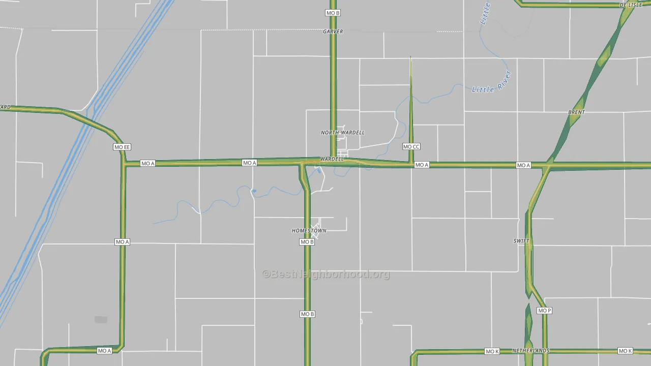 Wardell, MO Map of Noise Levels in Wardell