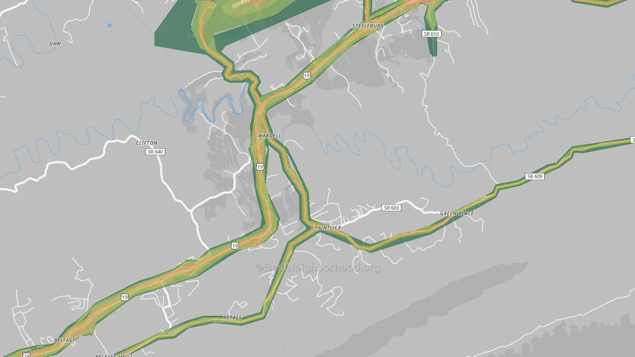 Wardell, VA Map of Noise Levels in Wardell