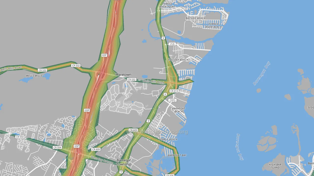 Waretown, NJ Map of Noise Levels in Waretown