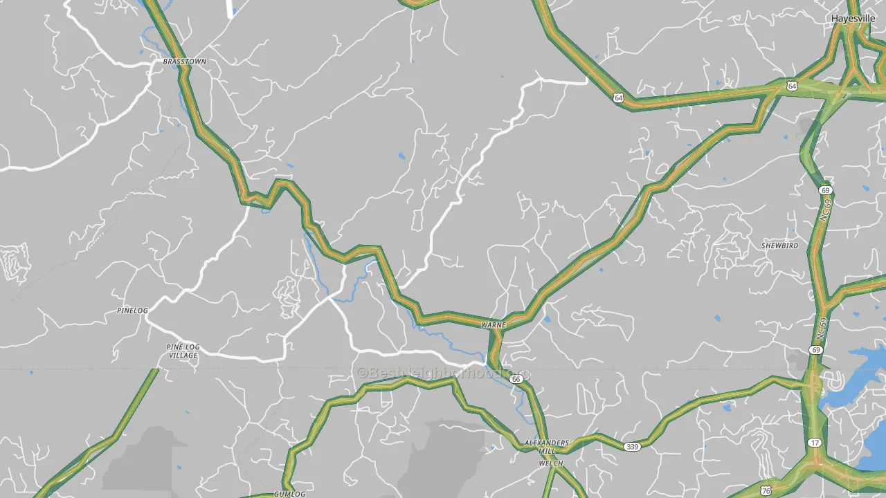Warne, NC Map of Noise Levels in Warne