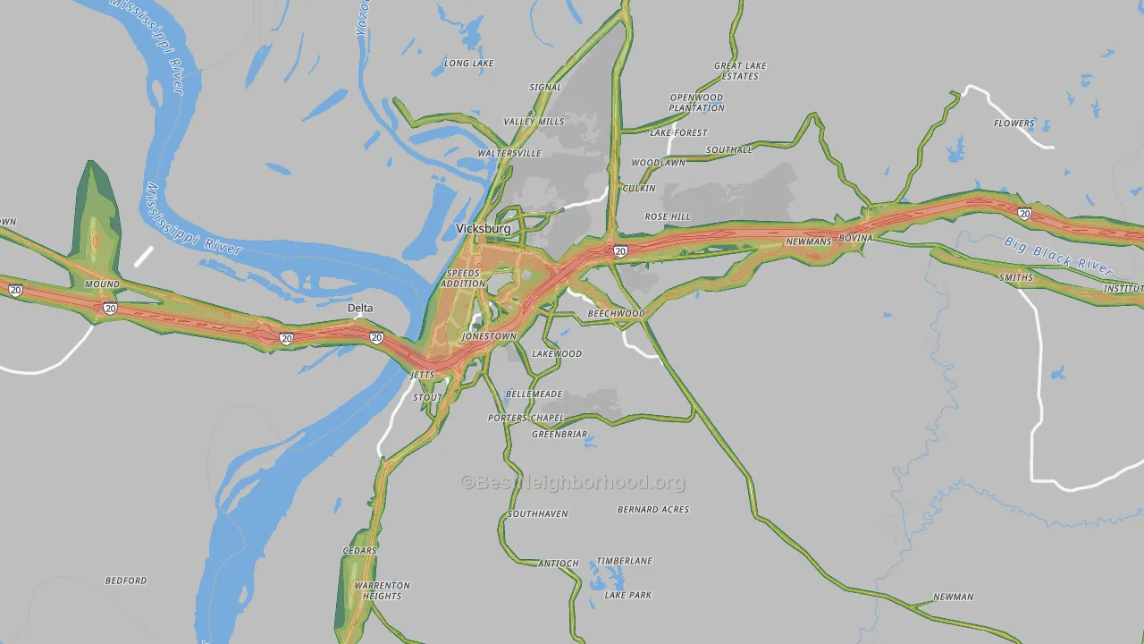 Warren County, MS Map of Noise Levels in Warren County