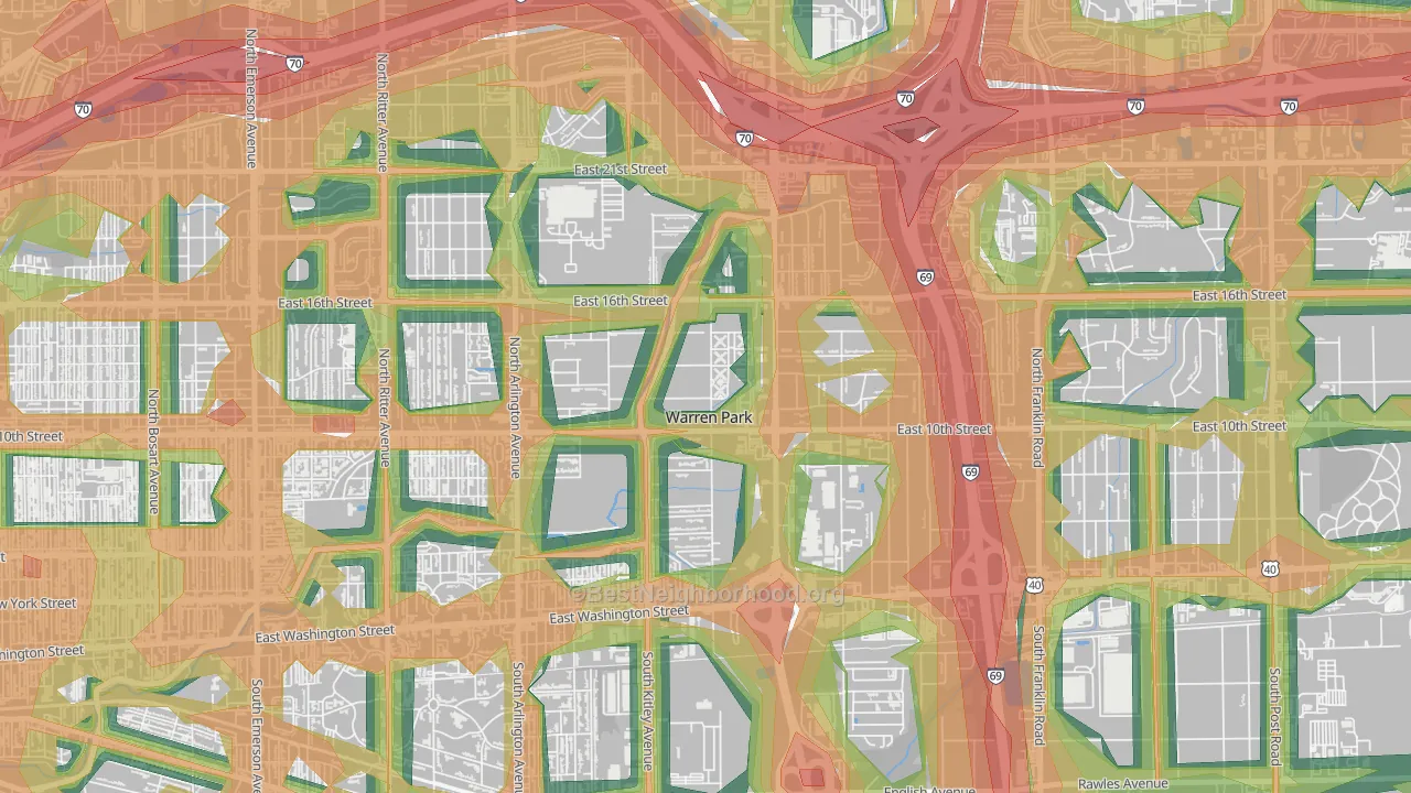 Warren Park, IN Map of Noise Levels in Warren Park