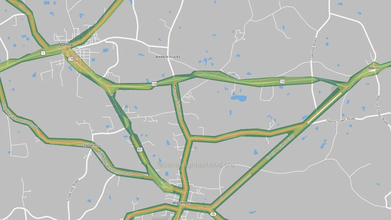 Warren Plains, NC Map of Noise Levels in Warren Plains