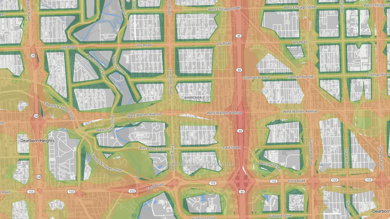 Warrendale, Detroit, MI Map of Noise Levels in Warrendale