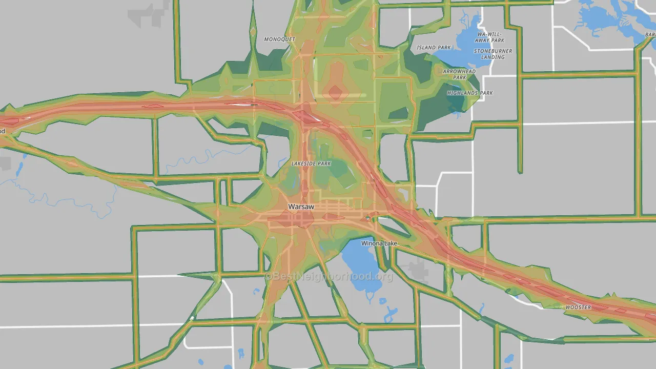 Warsaw, IN Map of Noise Levels in Warsaw