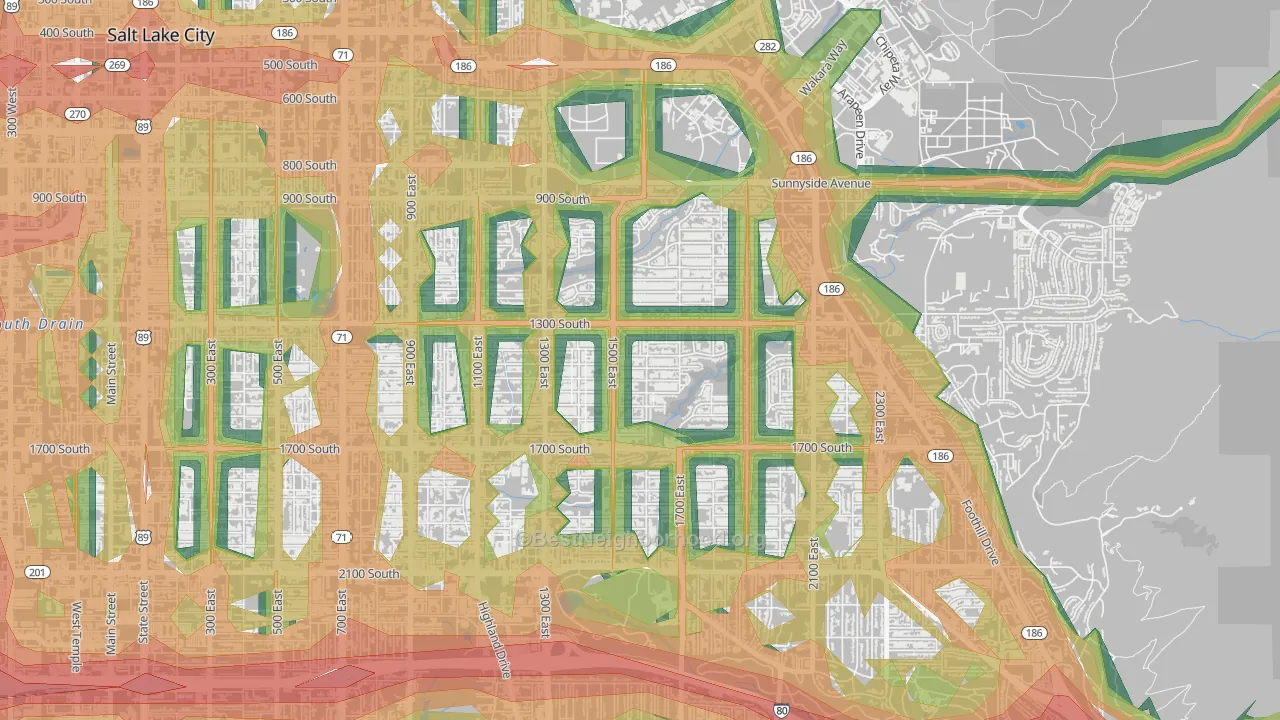 Wasatch Hollow, Salt Lake City, UT Map of Noise Levels in Wasatch Hollow