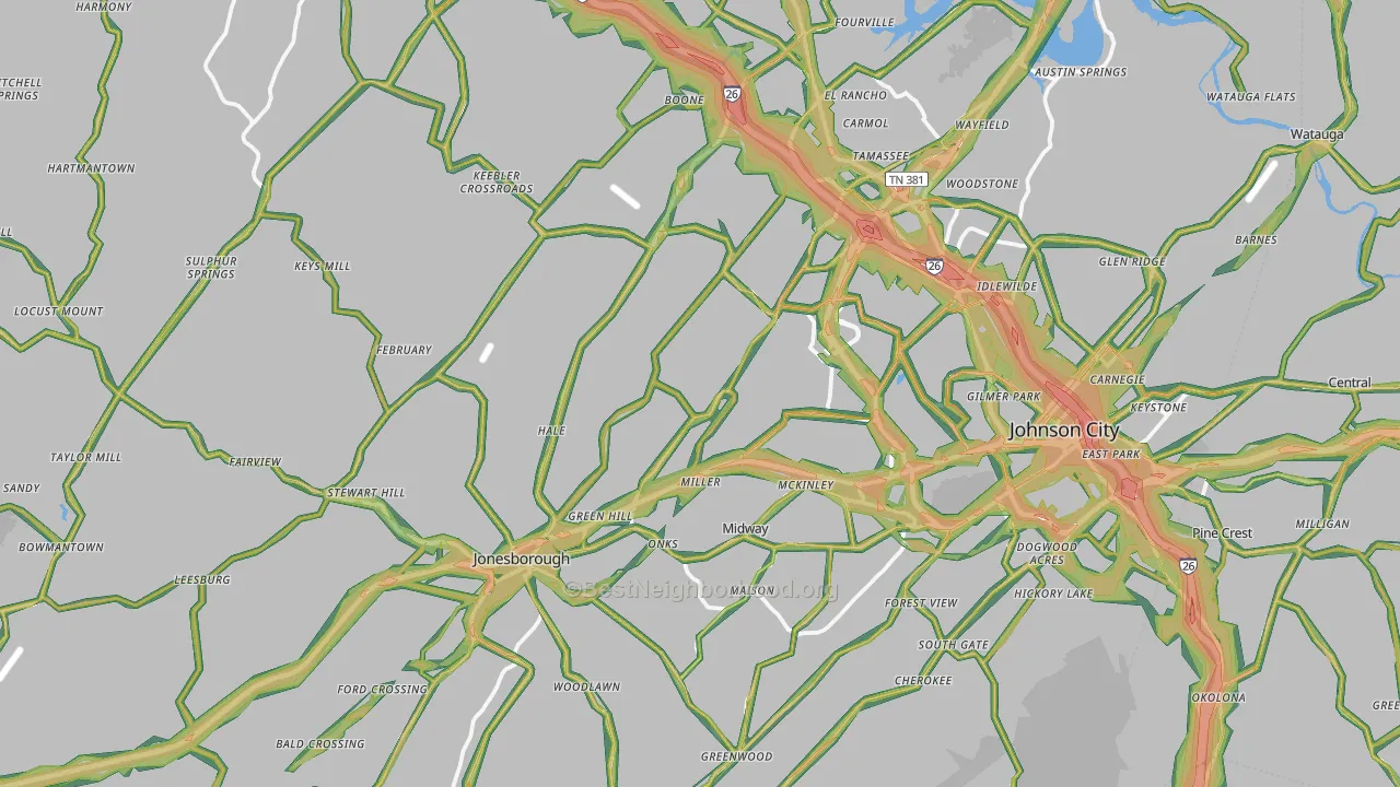 Washington County, TN Map of Noise Levels in Washington County