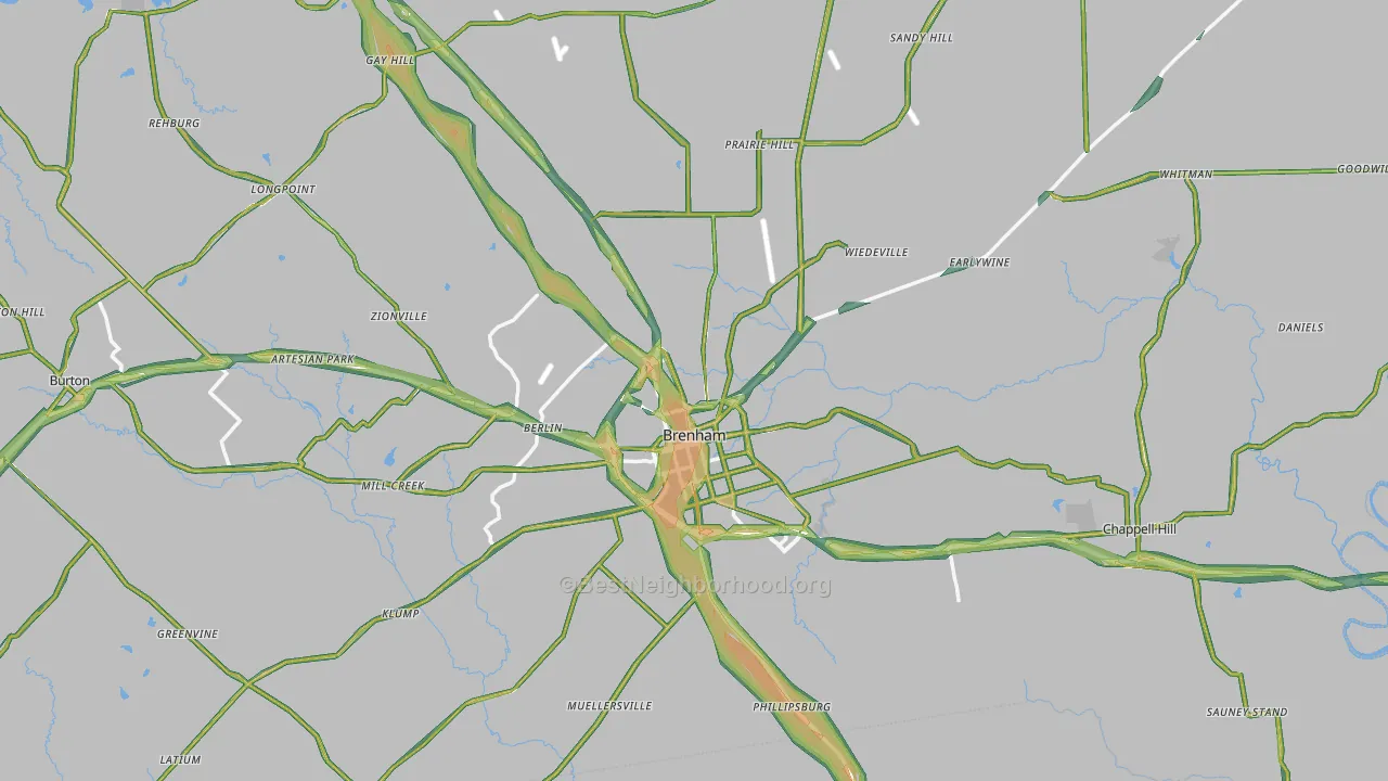 Washington County, TX Map of Noise Levels in Washington County