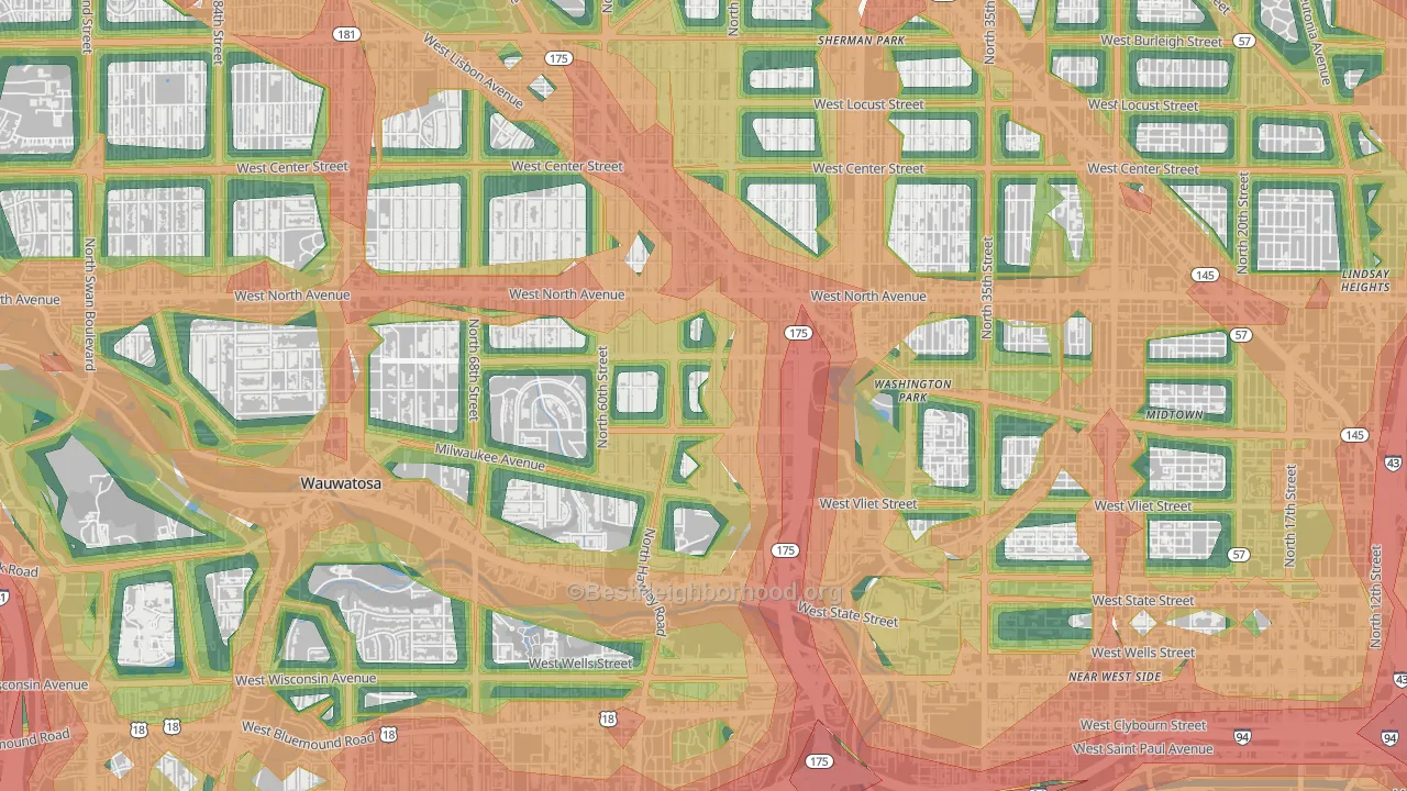 Washington Heights, Milwaukee, WI Map of Noise Levels in Washington Heights