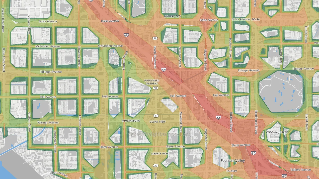 Washington, Huntington Beach, CA Map of Noise Levels in Washington