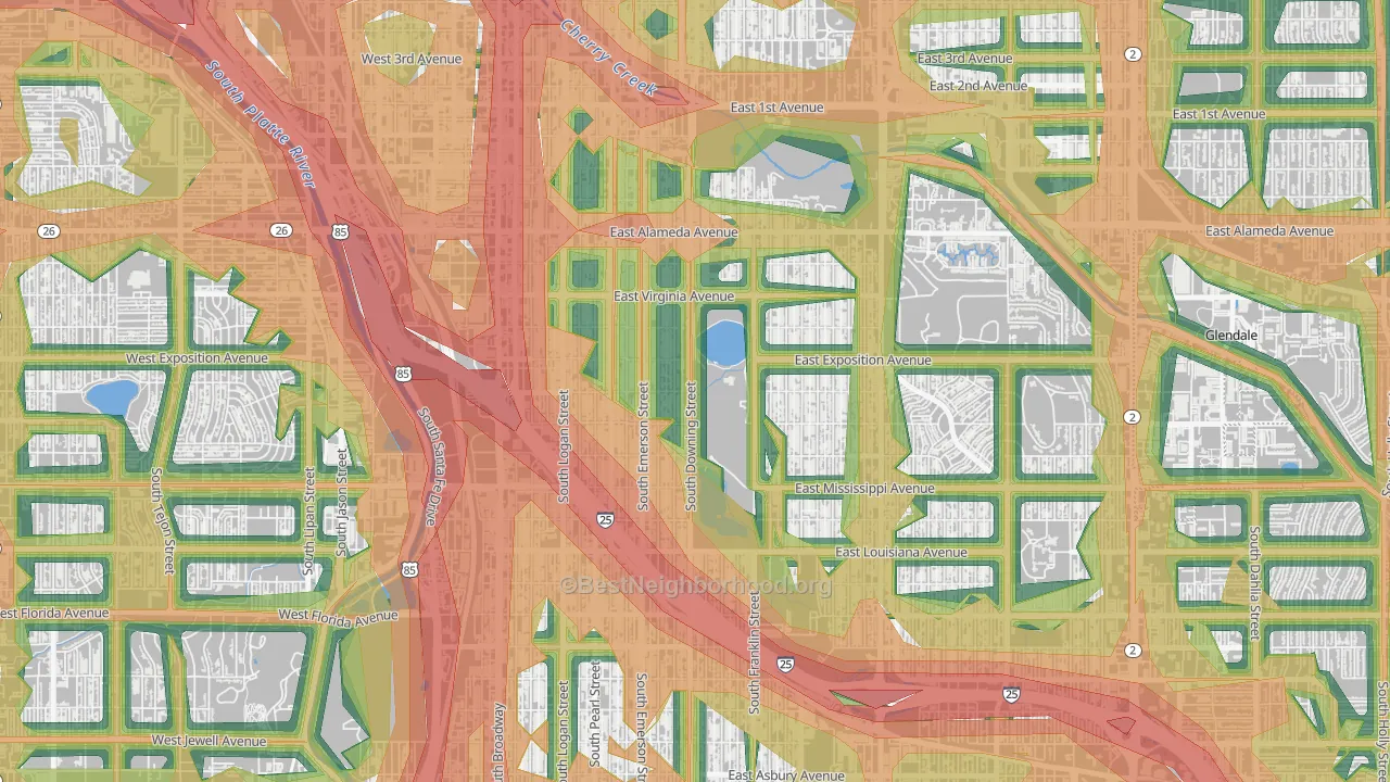 Washington Park, Denver, CO Map of Noise Levels in Washington Park