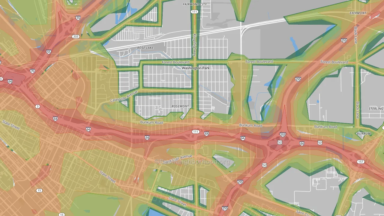 Washington Park, IL Map of Noise Levels in Washington Park