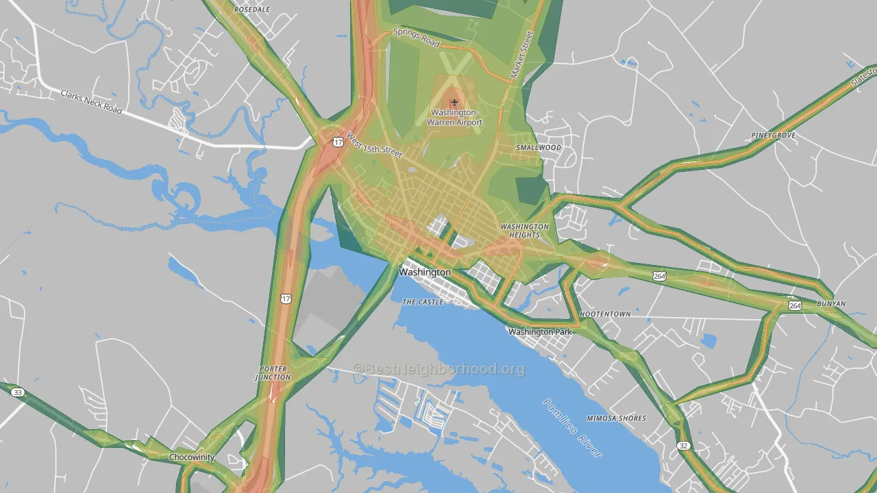 Washington Park, NC Map of Noise Levels in Washington Park