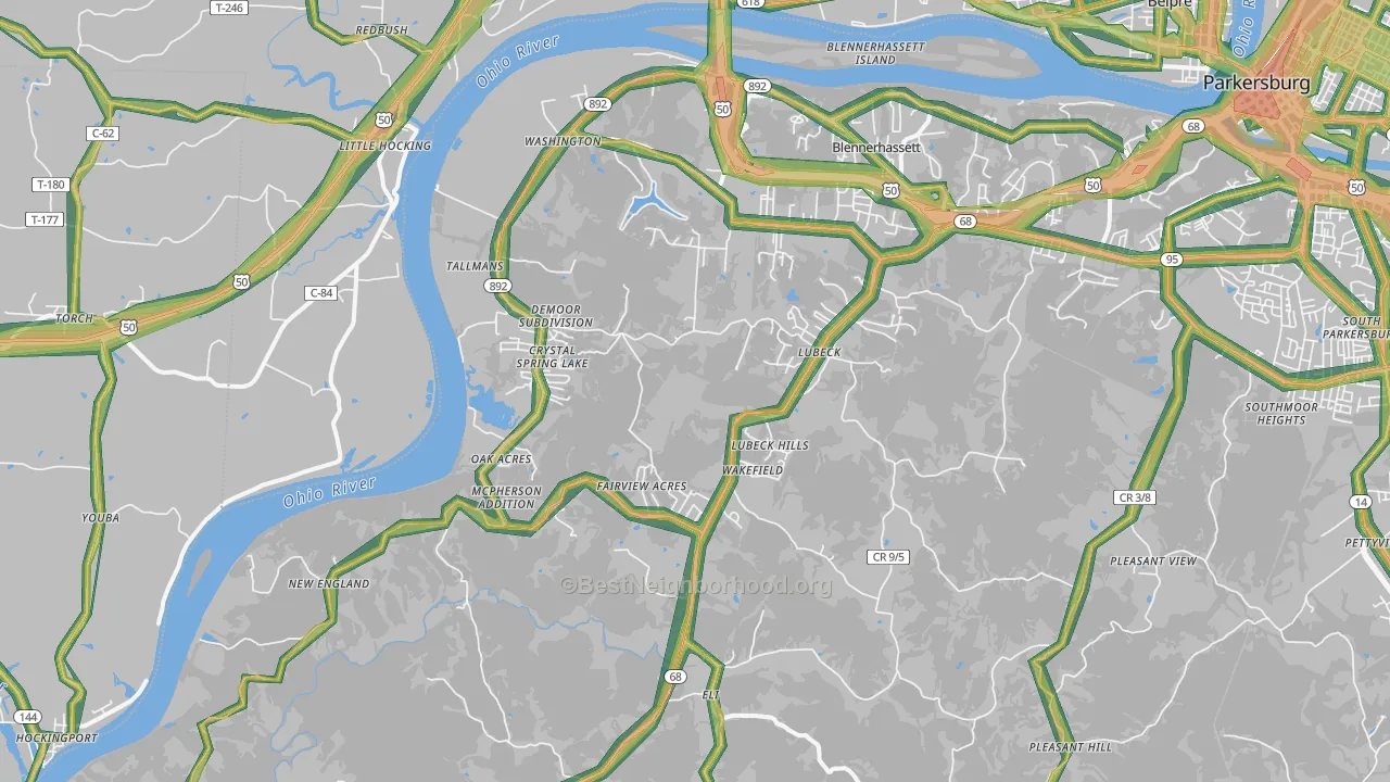 Washington, WV Map of Noise Levels in Washington