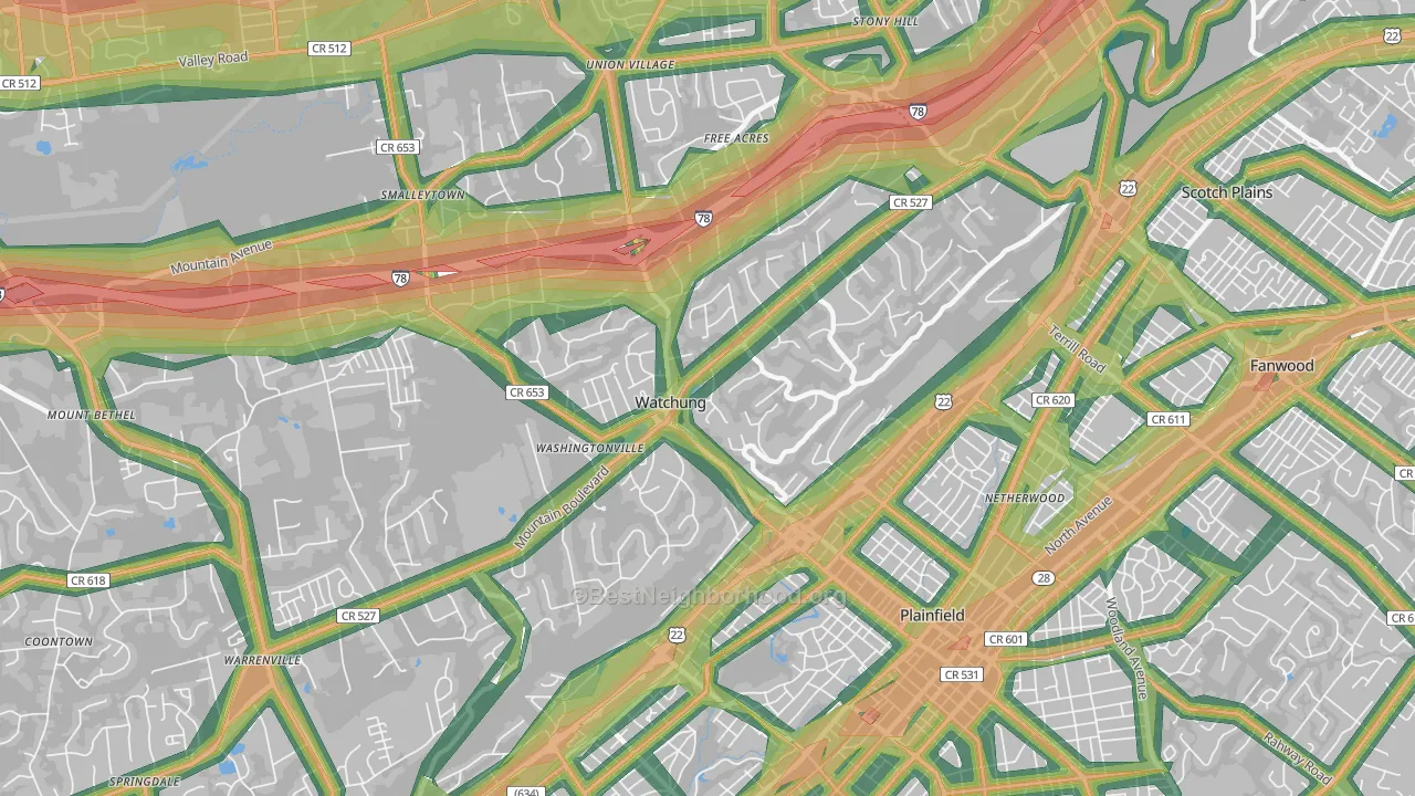 Watchung, NJ Map of Noise Levels in Watchung