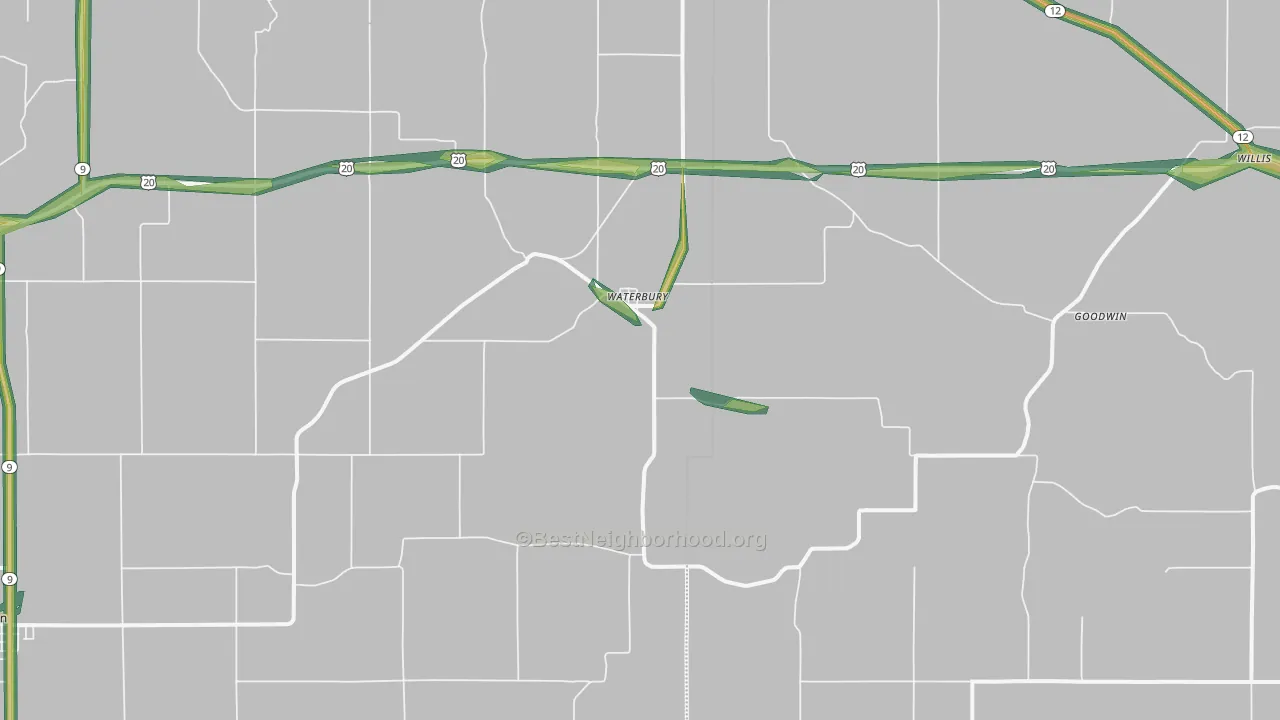 Waterbury, NE Map of Noise Levels in Waterbury