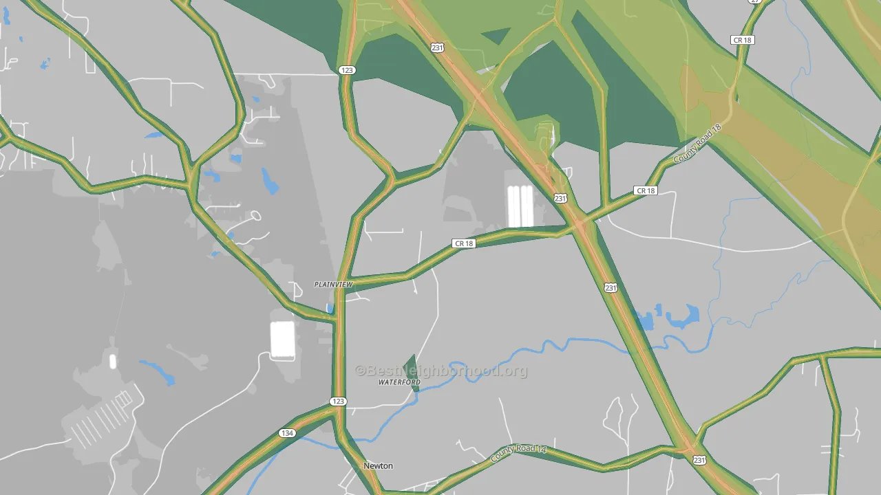 Waterford, AL Map of Noise Levels in Waterford