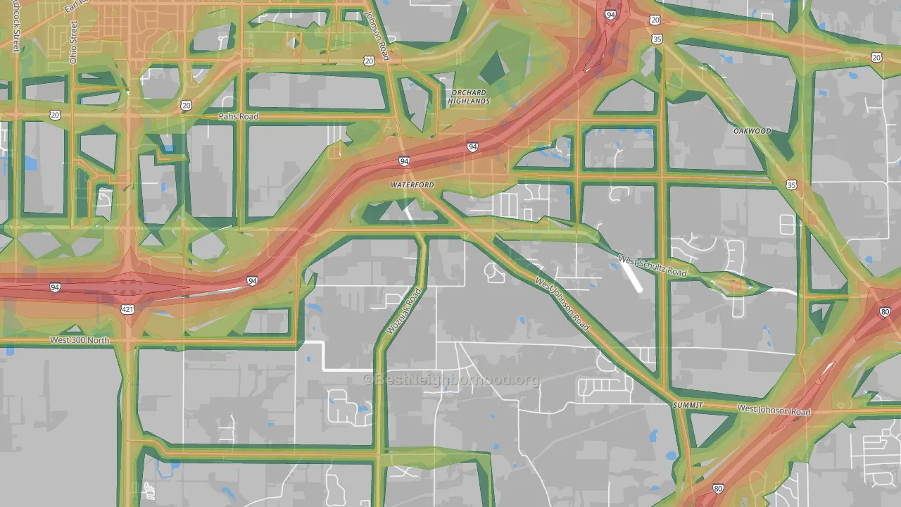 Waterford, IN Map of Noise Levels in Waterford