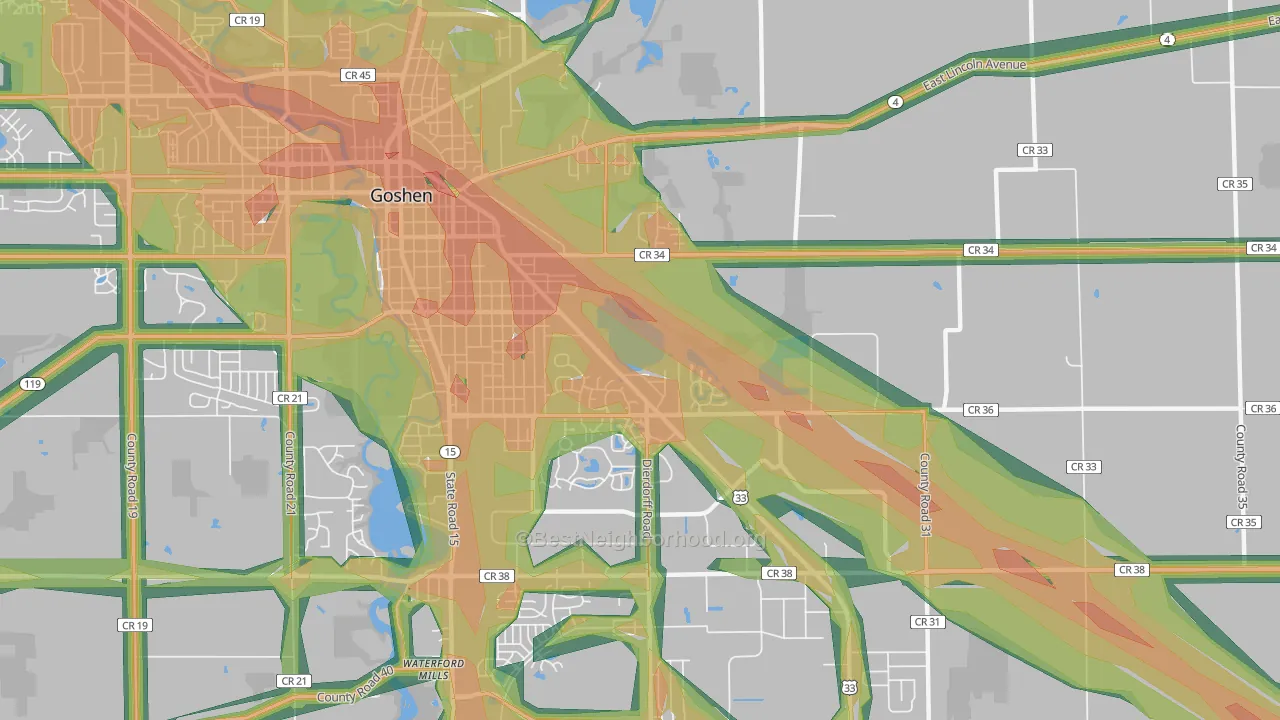 Waterford Mills, IN Map of Noise Levels in Waterford Mills