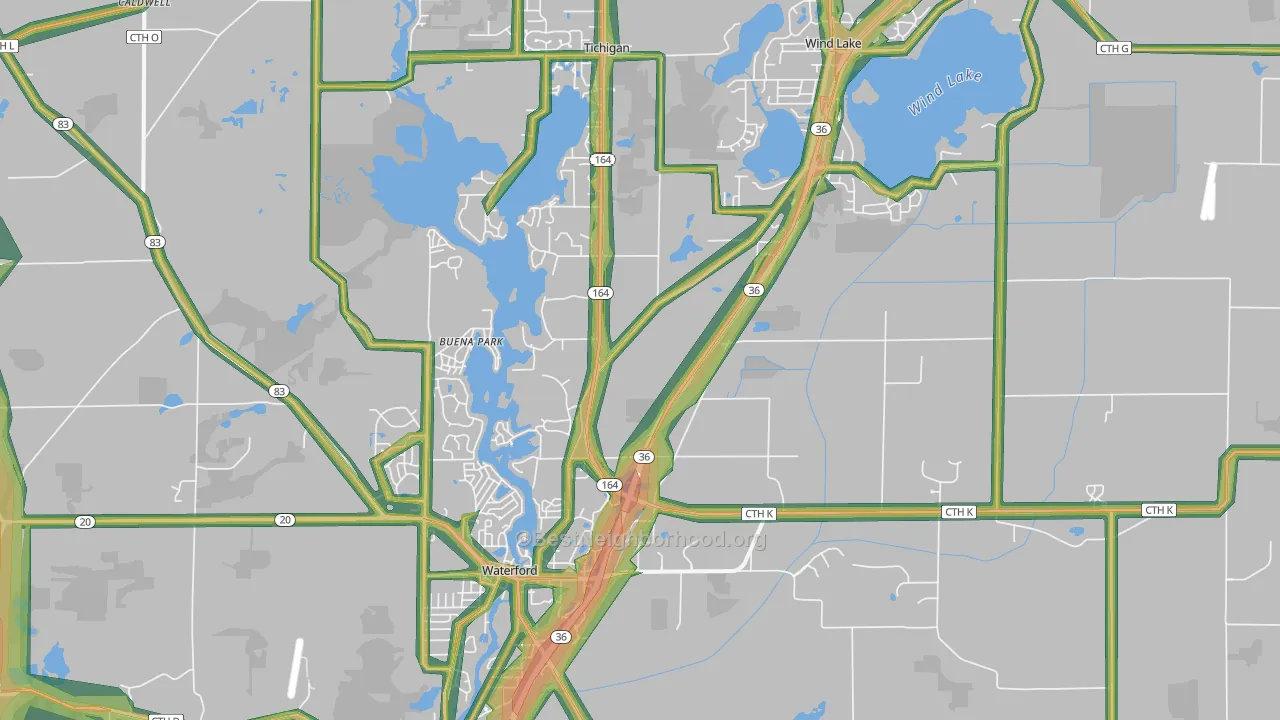 Waterford, WI Map of Noise Levels in Waterford
