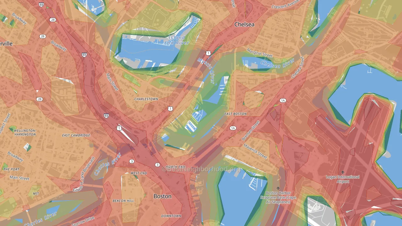 Waterfront, Boston, MA Map of Noise Levels in Waterfront