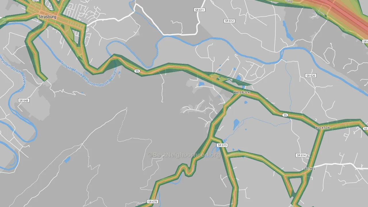 Waterlick, VA Map of Noise Levels in Waterlick