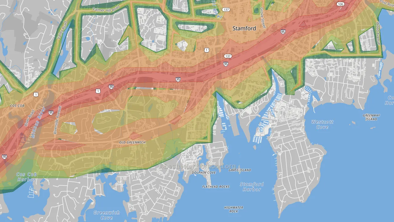 Waterside, Stamford, CT Map of Noise Levels in Waterside