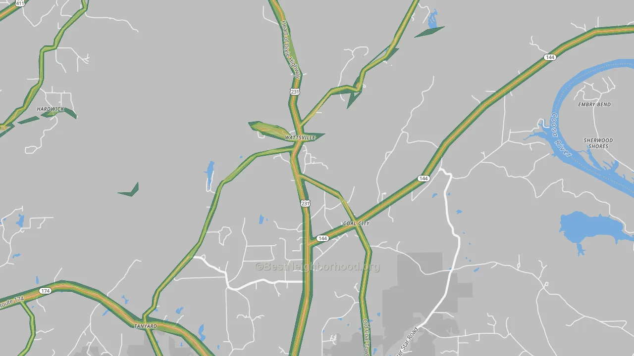 Wattsville, AL Map of Noise Levels in Wattsville