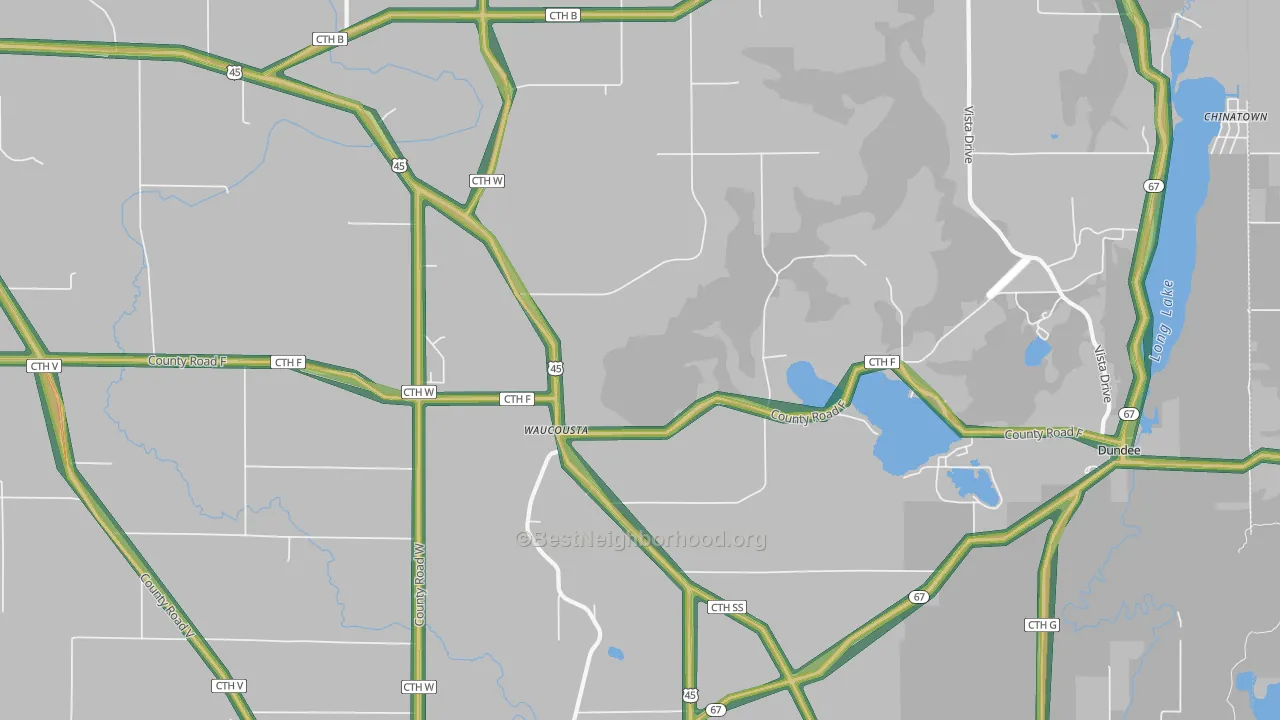 Waucousta, WI Map of Noise Levels in Waucousta