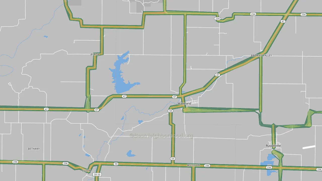 Waveland, IN Map of Noise Levels in Waveland