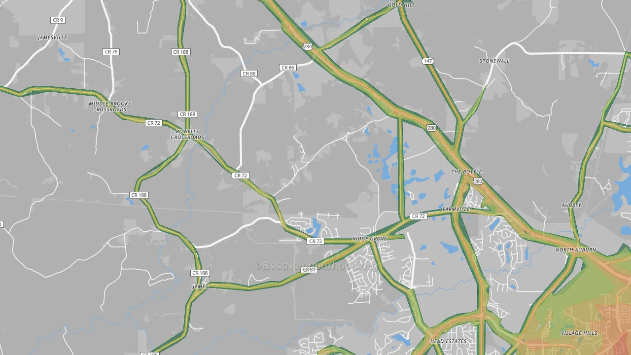 Waverly, AL Map of Noise Levels in Waverly