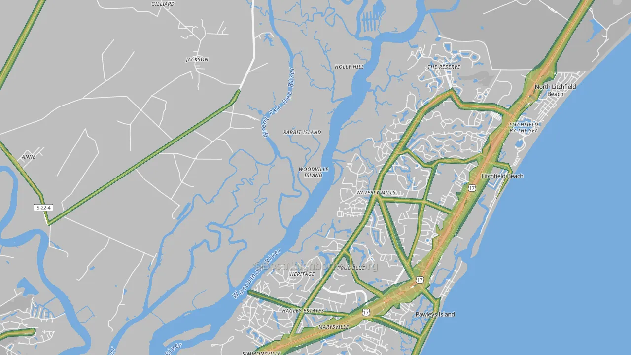 Waverly Mills, SC Map of Noise Levels in Waverly Mills