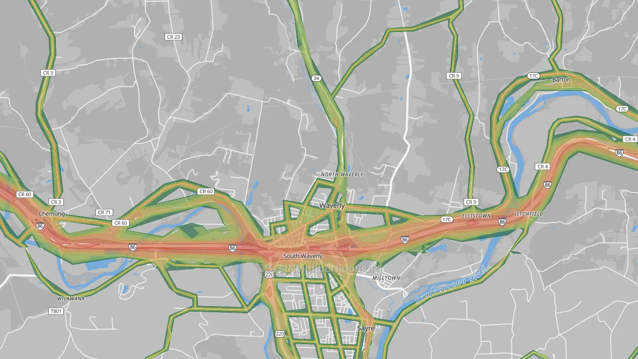 Waverly, NY Map of Noise Levels in Waverly