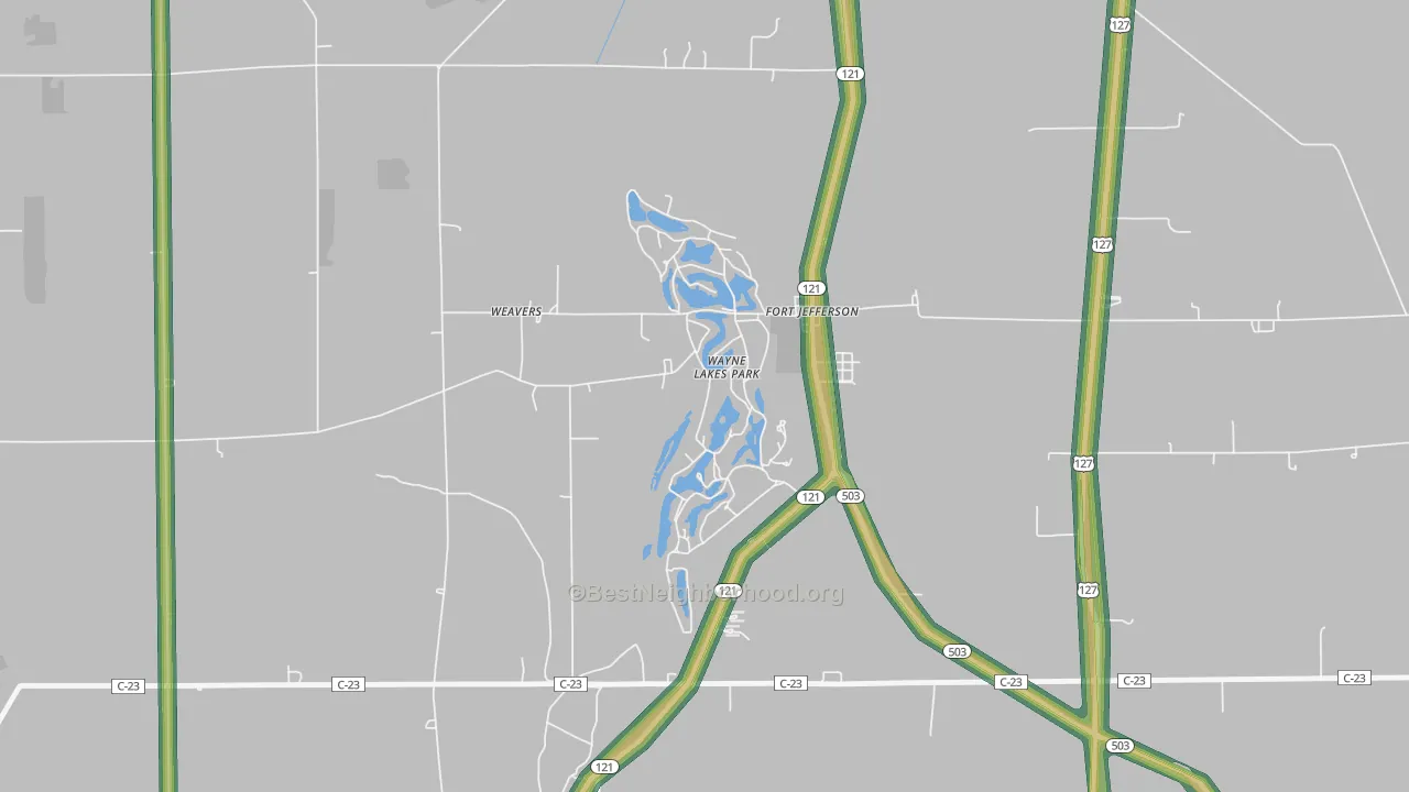 Wayne Lakes, OH Map of Noise Levels in Wayne Lakes