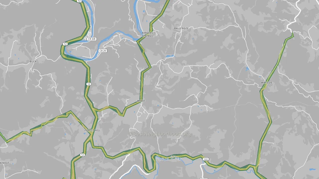 Wayside, WV Map of Noise Levels in Wayside