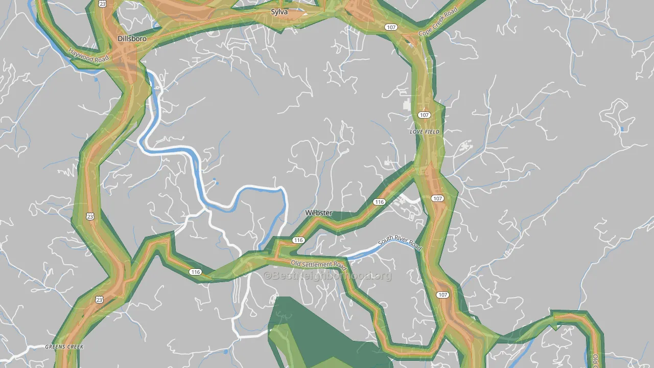 Webster, NC Map of Noise Levels in Webster